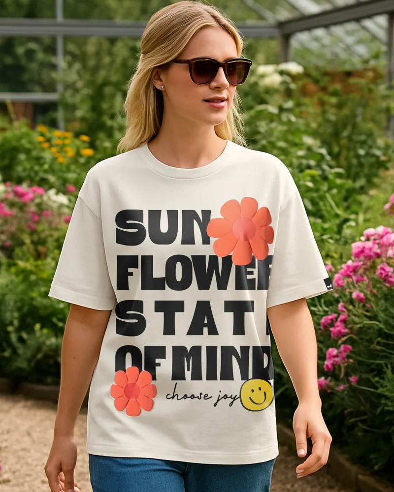بيواكوف Women's Beige Sunflower State Of Mind Graphic Printed Oversized T-shirt